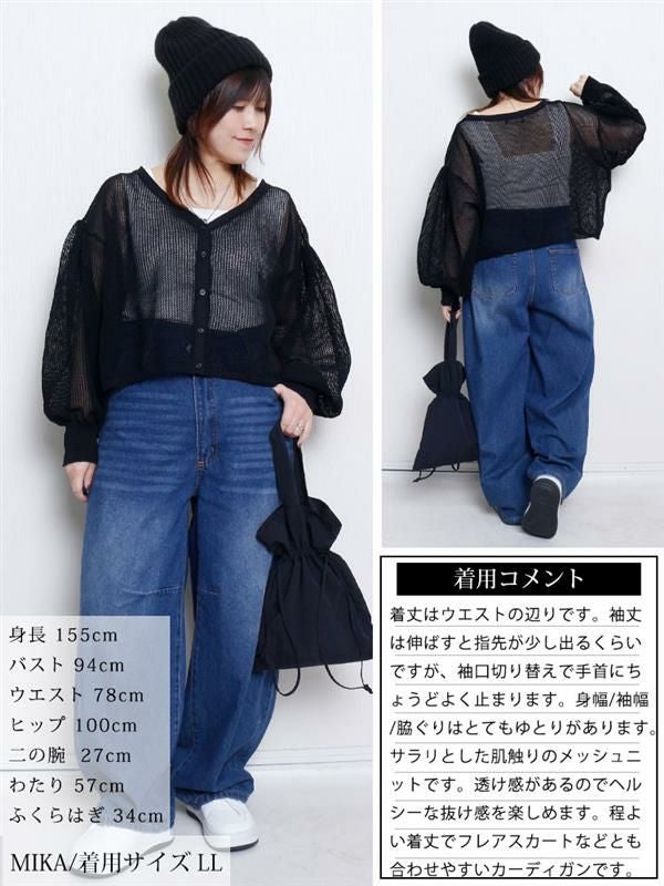 大きいサイズ レディース メッシュ編みボリューム袖ショート丈カーディガン　sum-0005