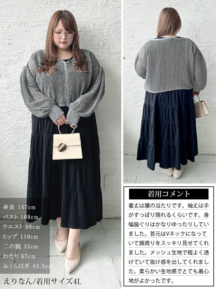 大きいサイズ レディース メッシュ編みボリューム袖ショート丈カーディガン　sum-0005