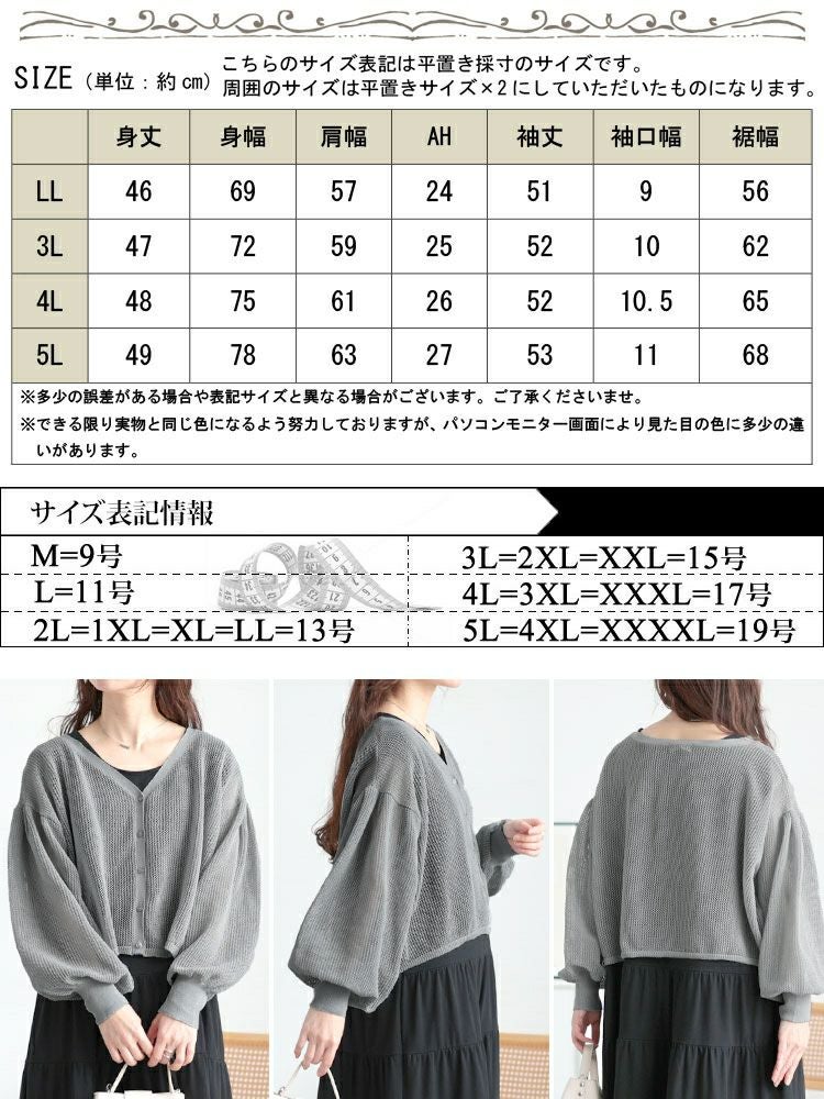 大きいサイズ レディース メッシュ編みボリューム袖ショート丈カーディガン　sum-0005