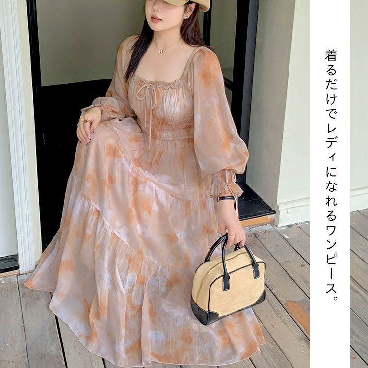 大きいサイズ レディース タイダイ柄スクエアネックティアードワンピース　goldy-1677