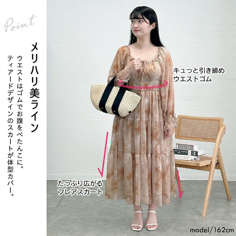 大きいサイズ レディース タイダイ柄スクエアネックティアードワンピース　goldy-1677