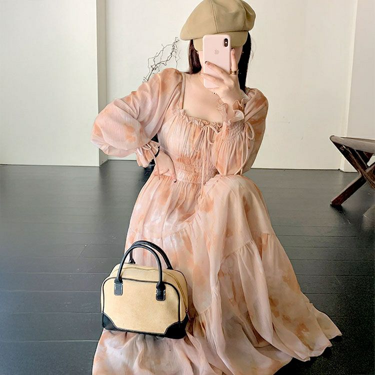 大きいサイズ レディース タイダイ柄スクエアネックティアードワンピース　goldy-1677