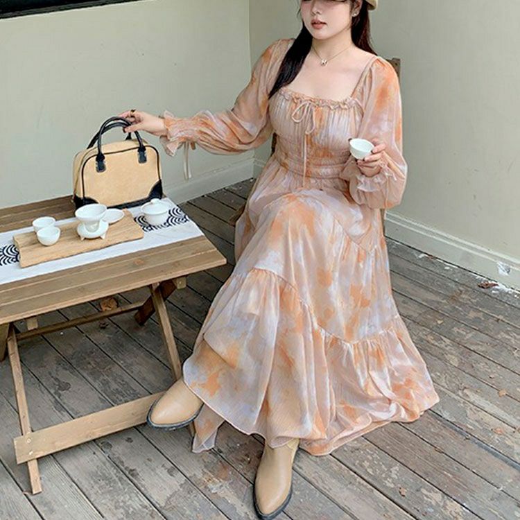 大きいサイズ レディース タイダイ柄スクエアネックティアードワンピース　goldy-1677