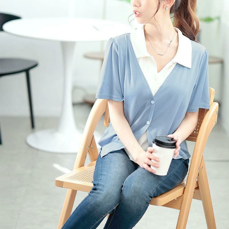 大きいサイズ レディース カーディガンレイヤード風リブカットソー　goldy-1673【メール便可】 ブルー