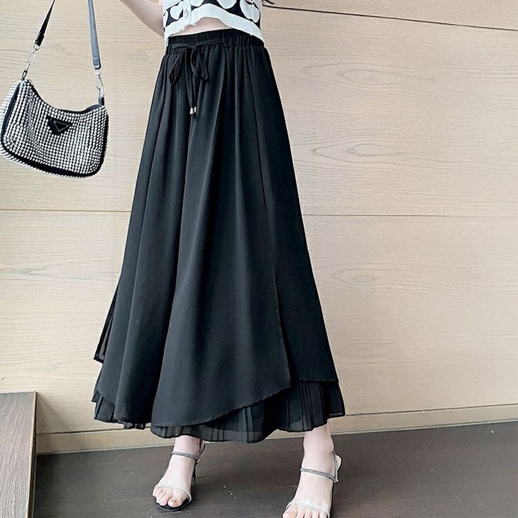 大きいサイズ レディース シフォン重ねプリーツガウチョパンツ　goldy-1670