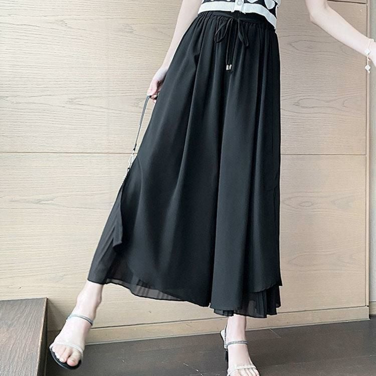 大きいサイズ レディース シフォン重ねプリーツガウチョパンツ　goldy-1670 ブラック