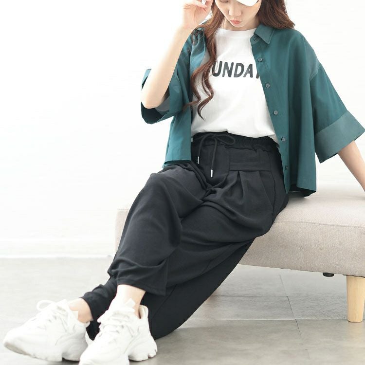 大きいサイズ レディース タックドロストワイドパンツ　goldy-1667