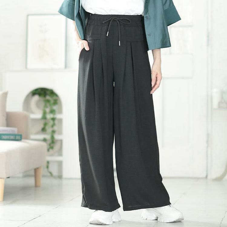 大きいサイズ レディース タックドロストワイドパンツ　goldy-1667 ブラック