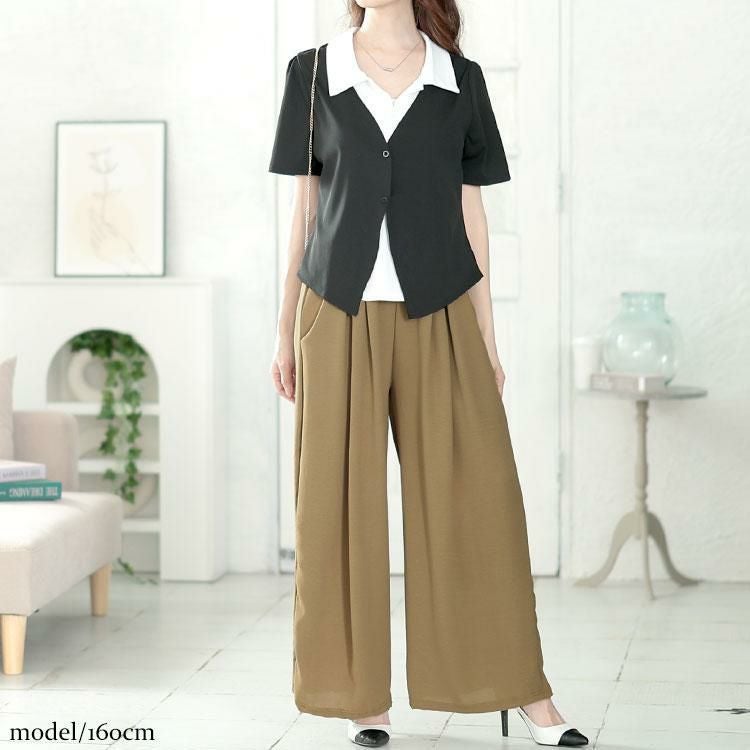 大きいサイズ レディース タックドロストワイドパンツ　goldy-1667 モカ
