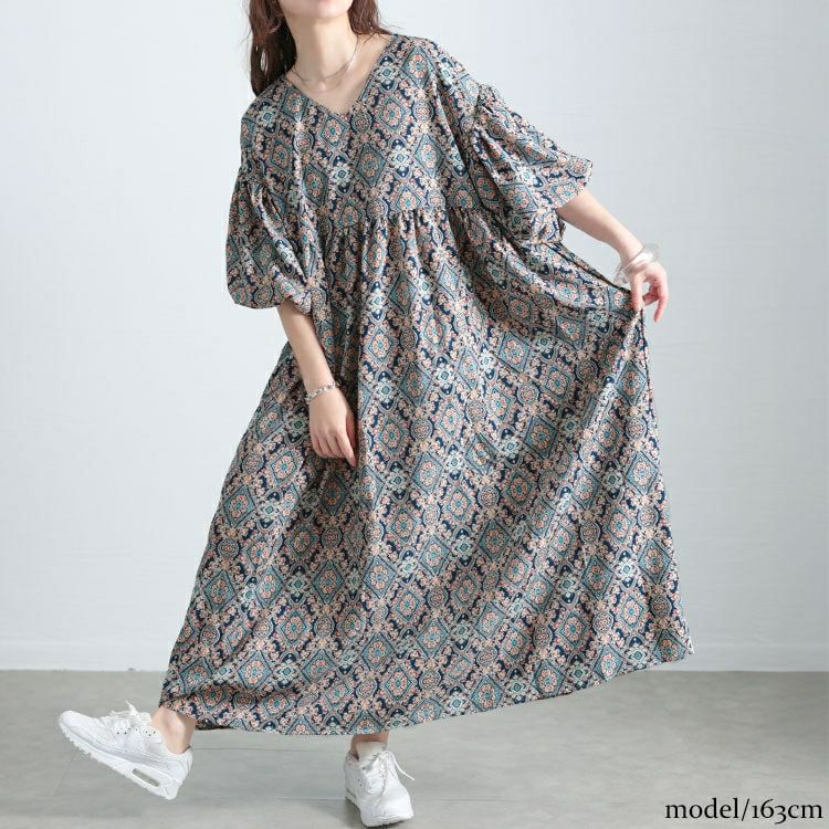 大きいサイズ レディース バルーン袖オリエンタル柄ロングワンピース　goldy-1681
