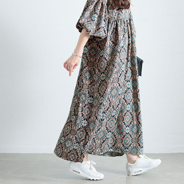 大きいサイズ レディース バルーン袖オリエンタル柄ロングワンピース　goldy-1681
