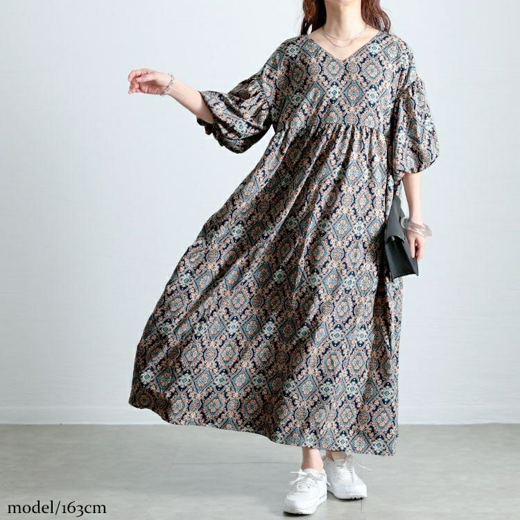 大きいサイズ レディース バルーン袖オリエンタル柄ロングワンピース　goldy-1681