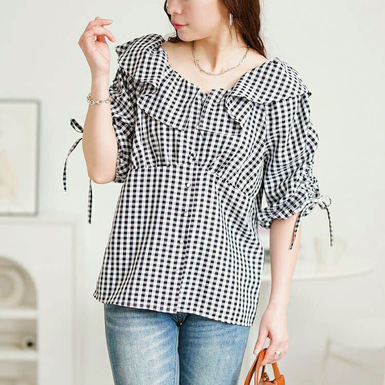 大きいサイズ レディース ギンガムチェックフリルカラーブラウス　tana-351042