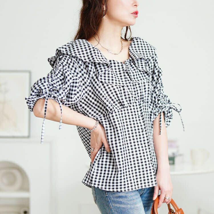 大きいサイズ レディース ギンガムチェックフリルカラーブラウス　tana-351042