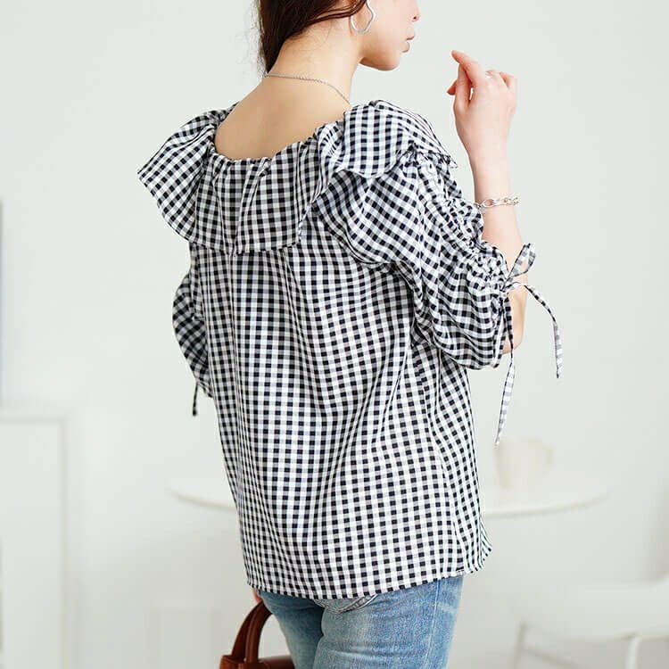 大きいサイズ レディース ギンガムチェックフリルカラーブラウス　tana-351042