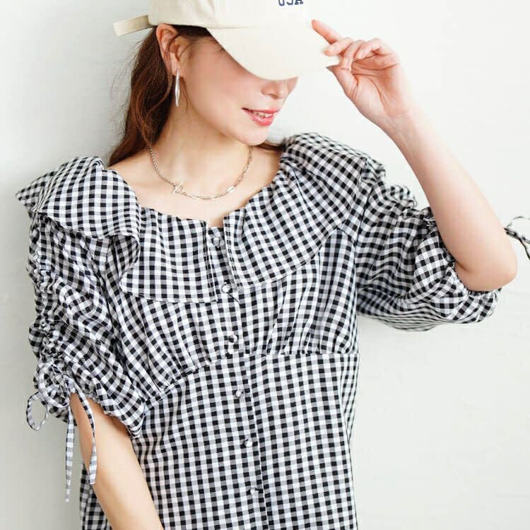 大きいサイズ レディース ギンガムチェックフリルカラーブラウス　tana-351042
