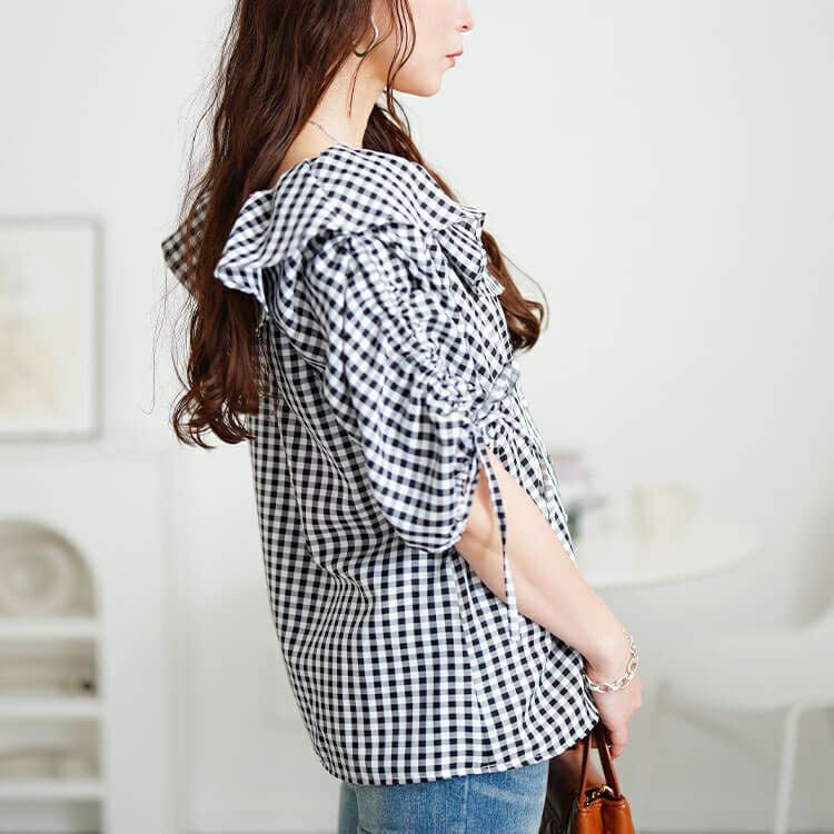 大きいサイズ レディース ギンガムチェックフリルカラーブラウス　tana-351042