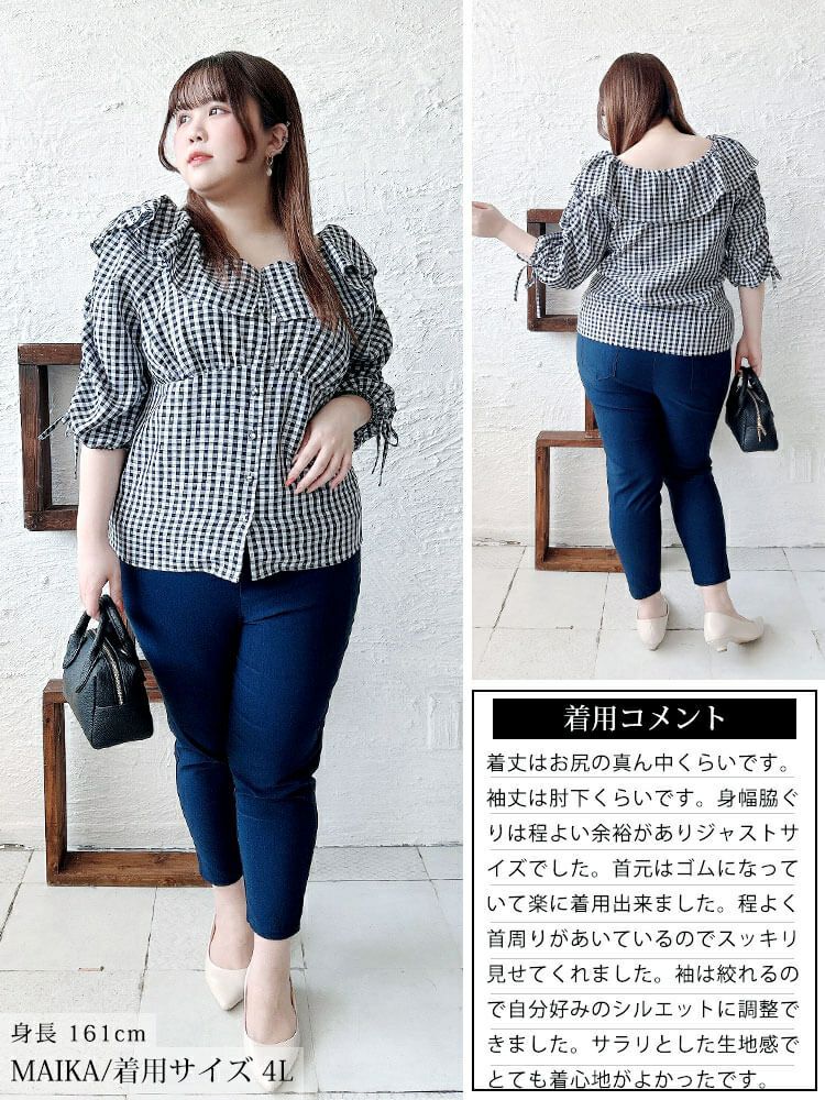 大きいサイズ レディース ギンガムチェックフリルカラーブラウス　tana-351042