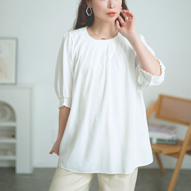 20周年感謝セール】 大きいサイズ レディース 胸元タックパフスリーブ