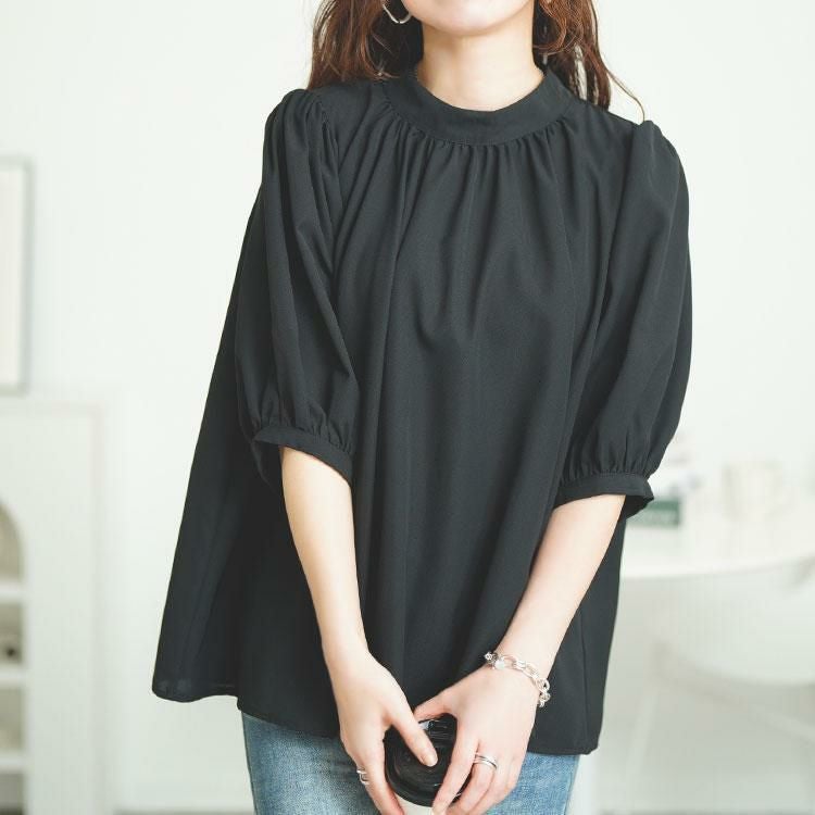 大きいサイズ レディース スタンドカラーパプスリーブブラウス　tana-351037【メール便可】 ブラック