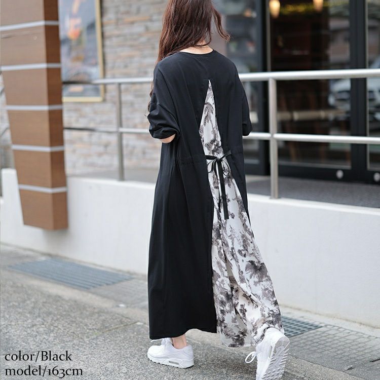 大きいサイズ レディース 接触冷感後ろ花柄切り替えワンピース　kt-7825640