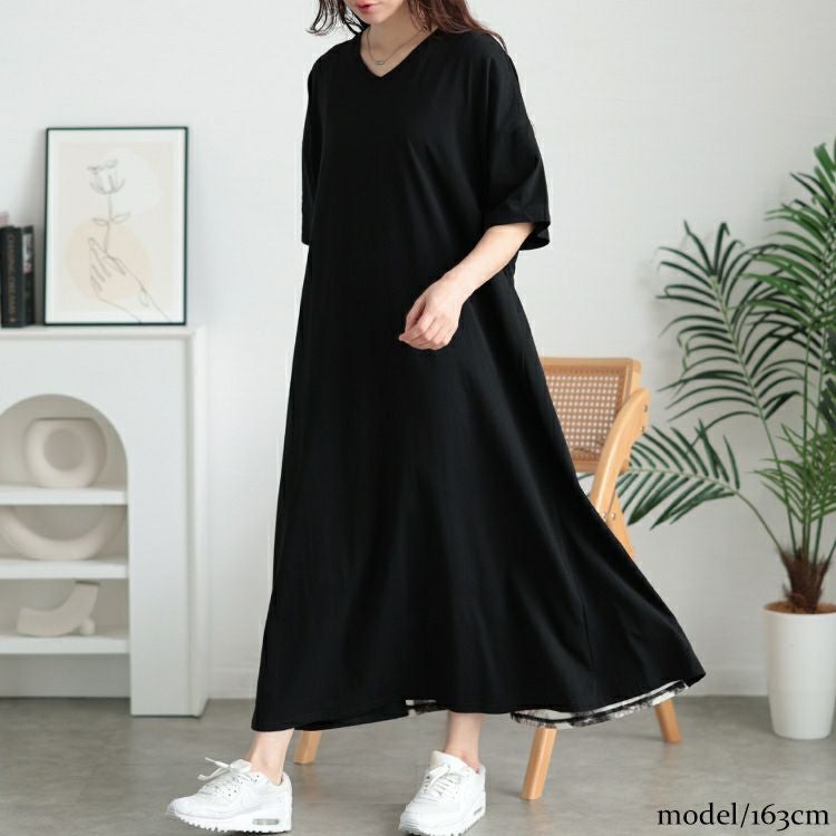 大きいサイズ レディース 接触冷感後ろ花柄切り替えワンピース　kt-7825640