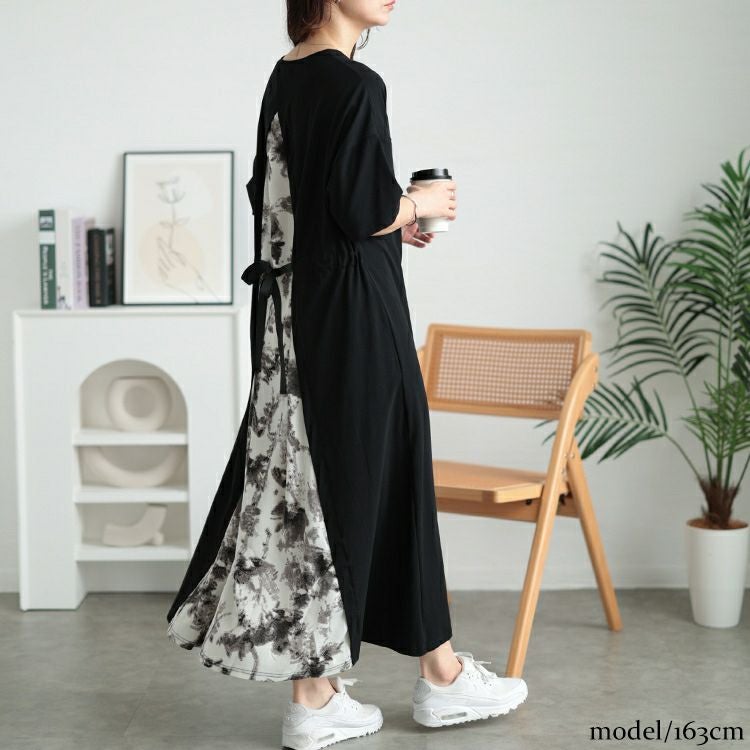 大きいサイズ レディース 接触冷感後ろ花柄切り替えワンピース　kt-7825640