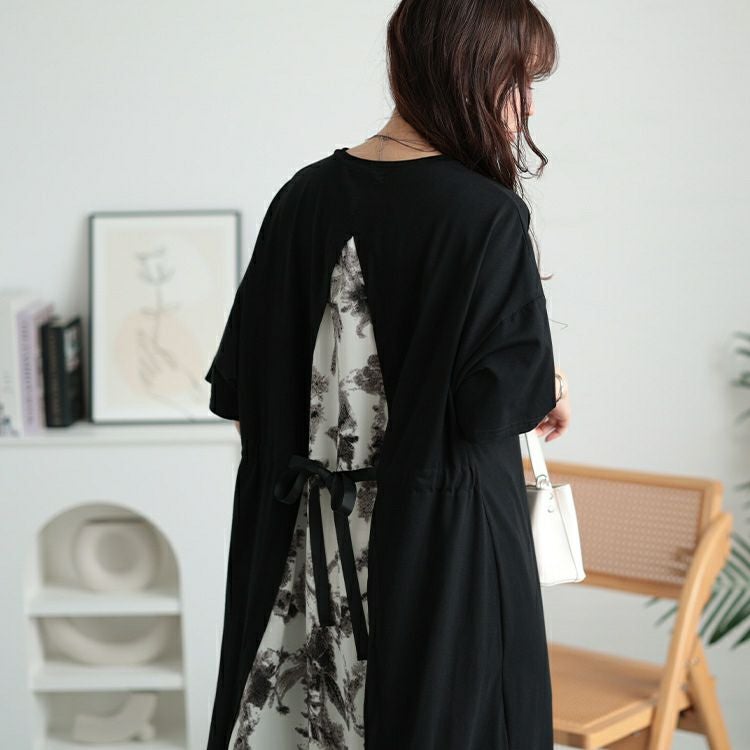 大きいサイズ レディース 接触冷感後ろ花柄切り替えワンピース　kt-7825640