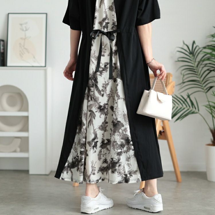 大きいサイズ レディース 接触冷感後ろ花柄切り替えワンピース　kt-7825640