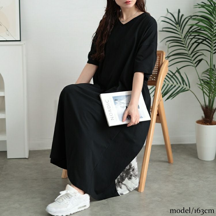 大きいサイズ レディース 接触冷感後ろ花柄切り替えワンピース　kt-7825640