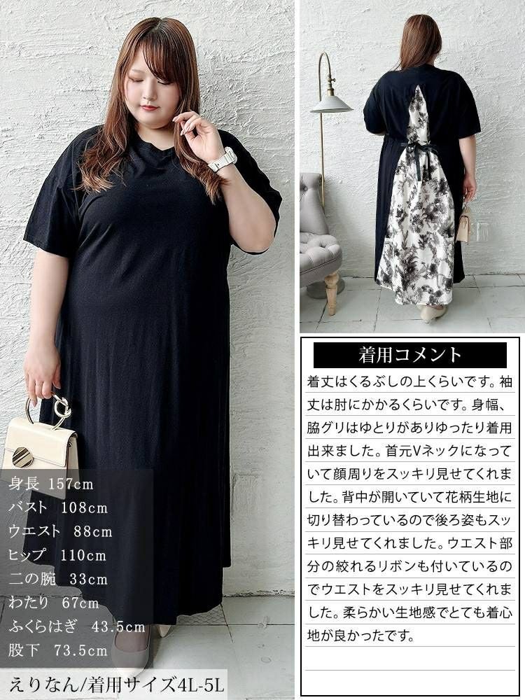 大きいサイズ レディース 接触冷感後ろ花柄切り替えワンピース　kt-7825640