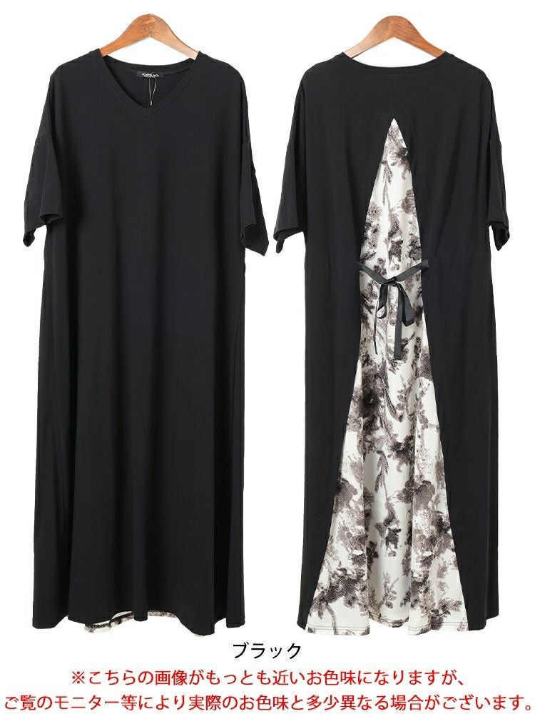 大きいサイズ レディース 接触冷感後ろ花柄切り替えワンピース　kt-7825640