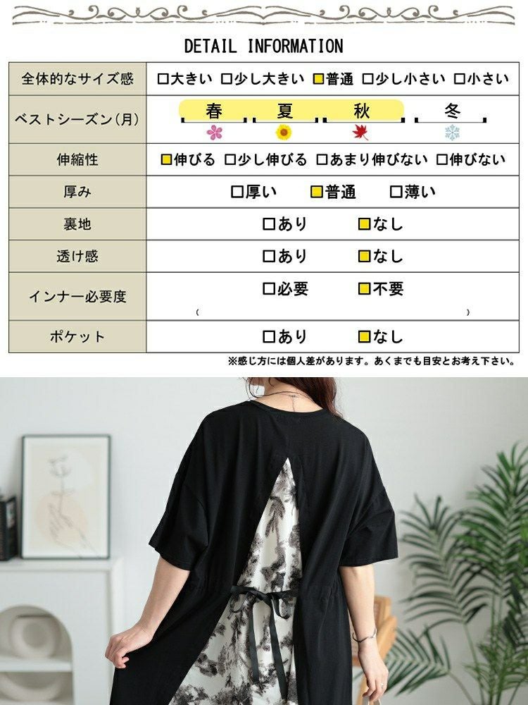 大きいサイズ レディース 接触冷感後ろ花柄切り替えワンピース kt