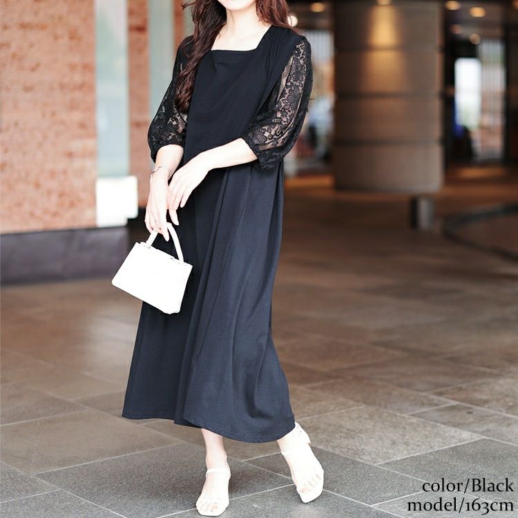 大きいサイズ レディース 接触冷感レース袖切り替えワンピース　kt-7825620
