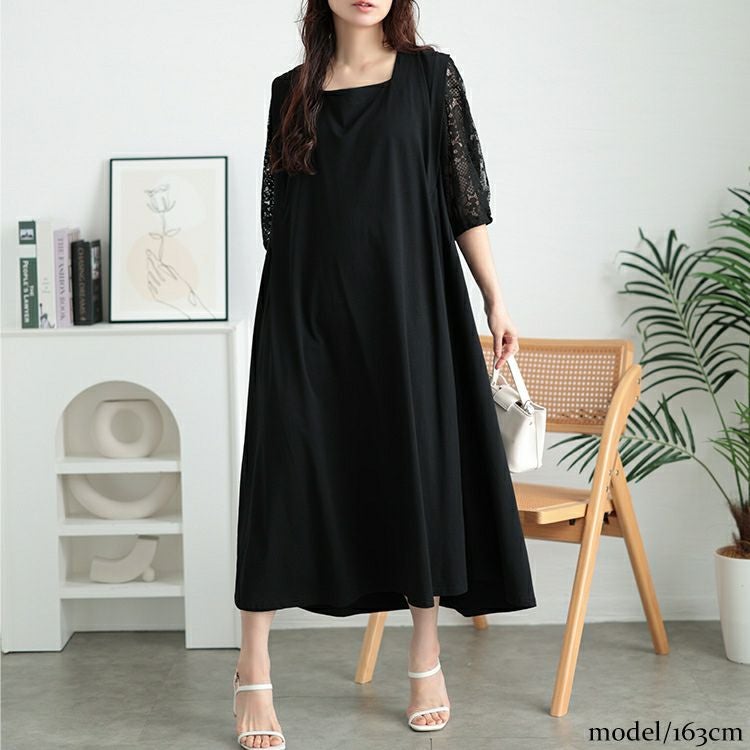 大きいサイズ レディース 接触冷感レース袖切り替えワンピース　kt-7825620