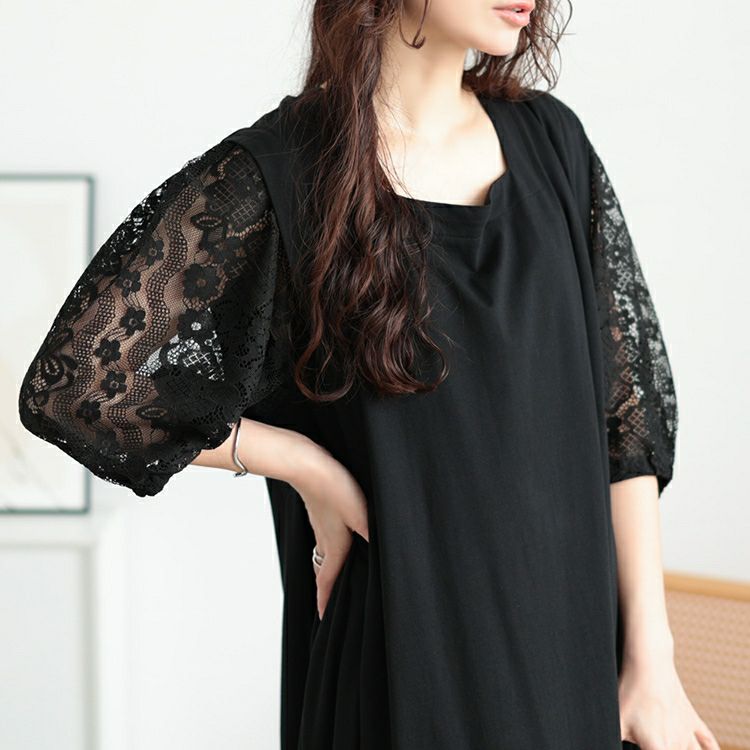 大きいサイズ レディース 接触冷感レース袖切り替えワンピース　kt-7825620