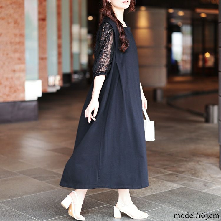 大きいサイズ レディース 接触冷感レース袖切り替えワンピース　kt-7825620