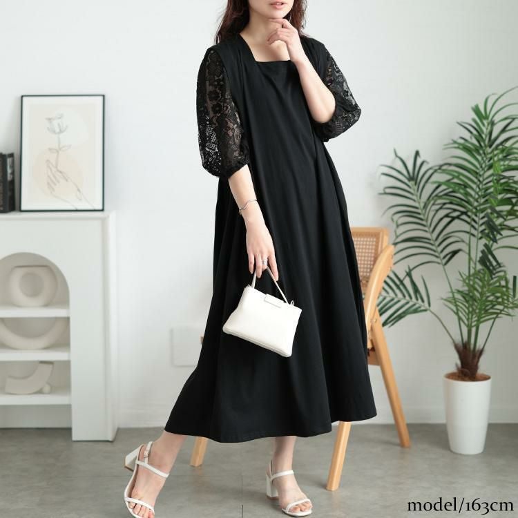 大きいサイズ レディース 接触冷感レース袖切り替えワンピース　kt-7825620 ブラック