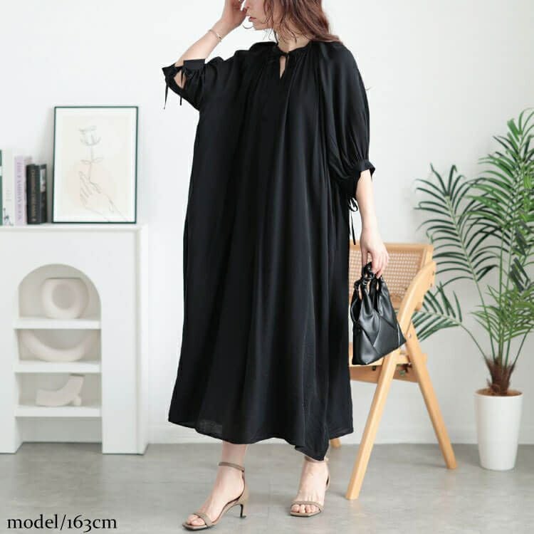 大きいサイズ レディース リボンキーネックギャザーワンピース　fem-573【メール便可】