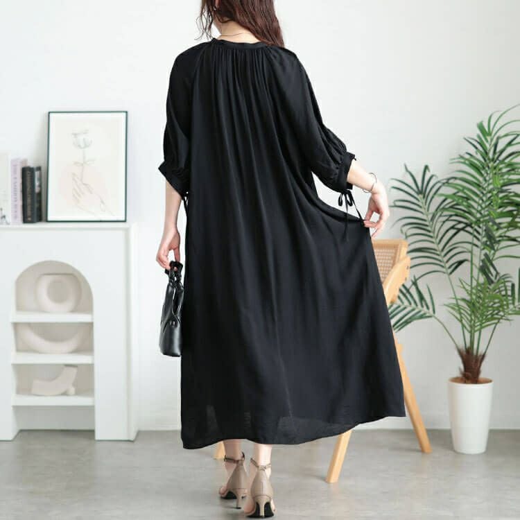 大きいサイズ レディース リボンキーネックギャザーワンピース　fem-573【メール便可】