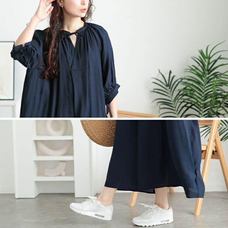 大きいサイズ レディース リボンキーネックギャザーワンピース　fem-573【メール便可】