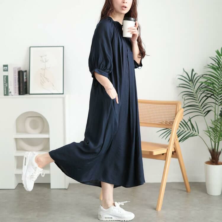 大きいサイズ レディース リボンキーネックギャザーワンピース　fem-573【メール便可】 ネイビー