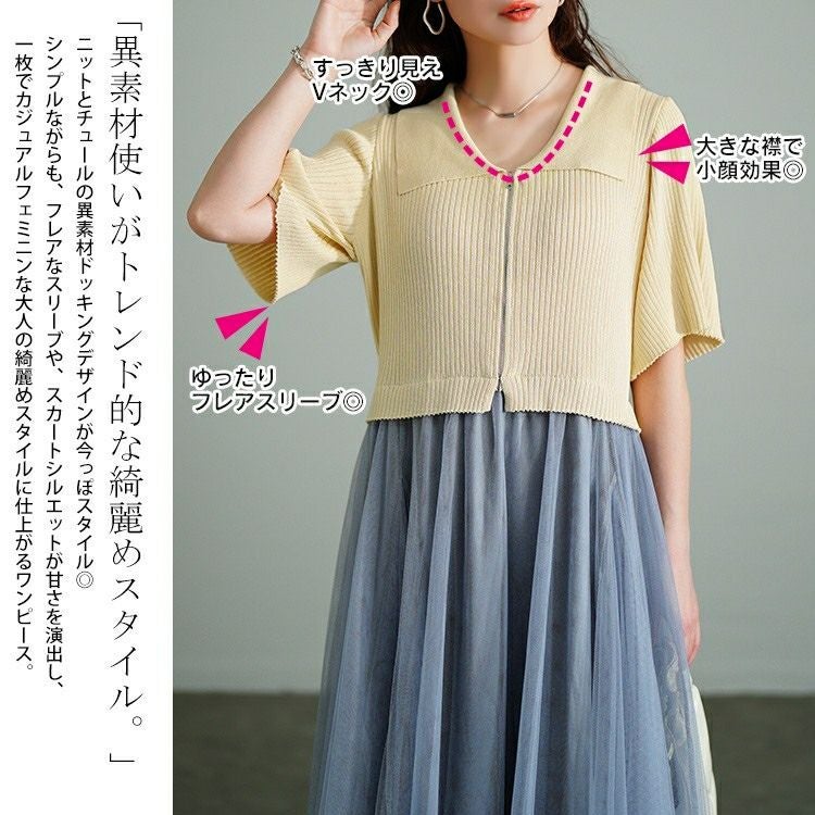 大きいサイズ レディース リブニットドッキングチュールワンピース　sum-0001