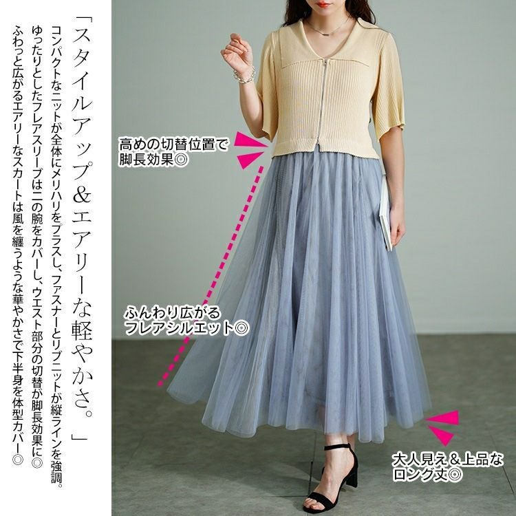 大きいサイズ レディース リブニットドッキングチュールワンピース　sum-0001