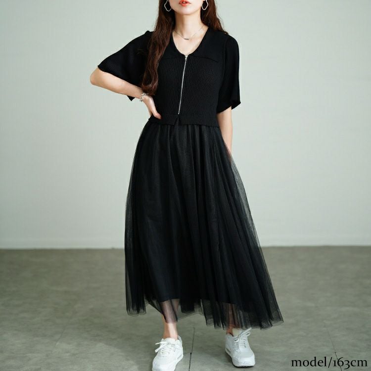 大きいサイズ レディース リブニットドッキングチュールワンピース　sum-0001