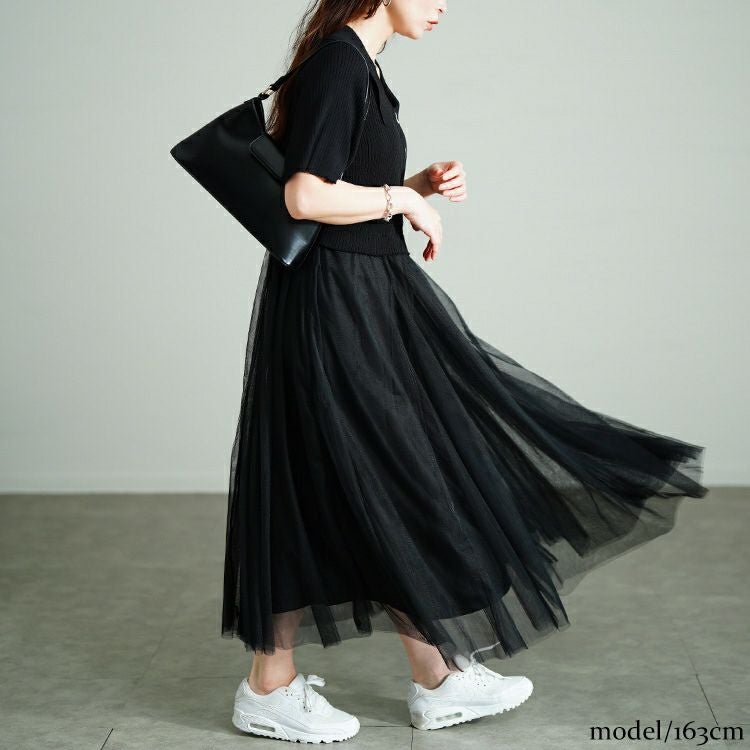 大きいサイズ レディース リブニットドッキングチュールワンピース　sum-0001