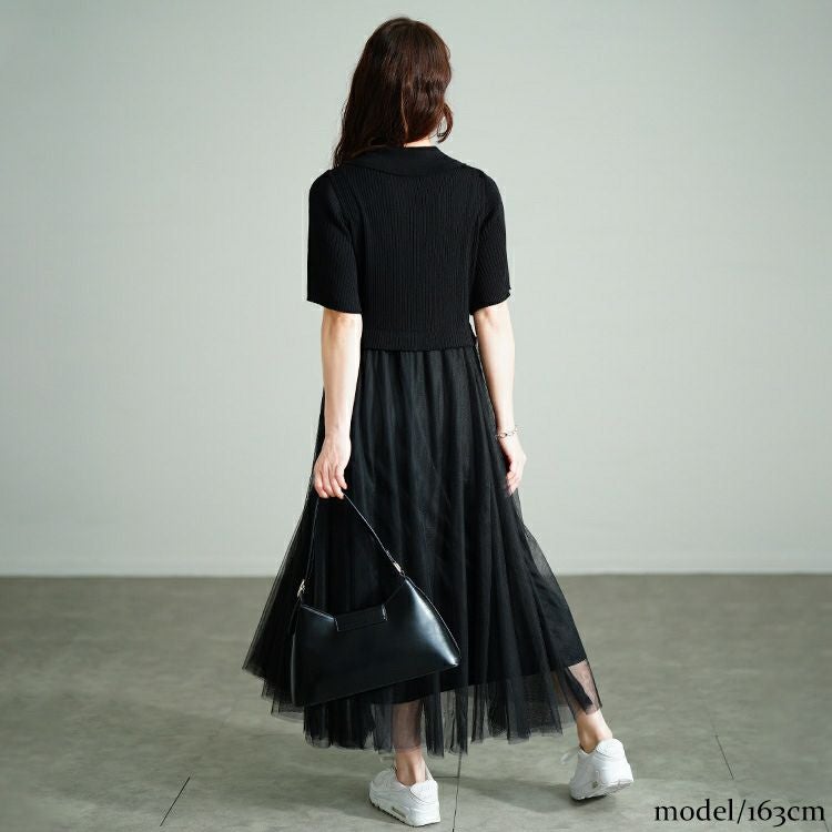 大きいサイズ レディース リブニットドッキングチュールワンピース　sum-0001