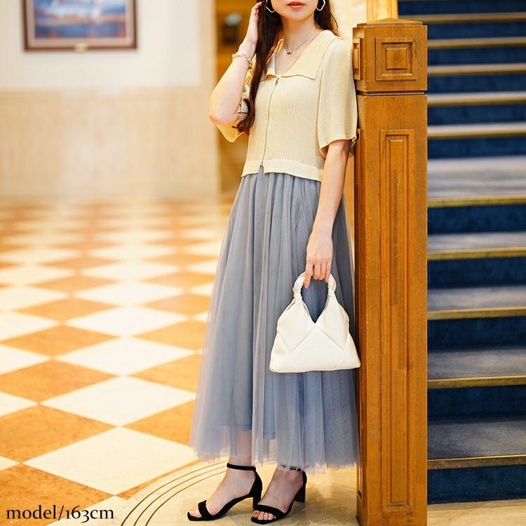 大きいサイズ レディース リブニットドッキングチュールワンピース　sum-0001