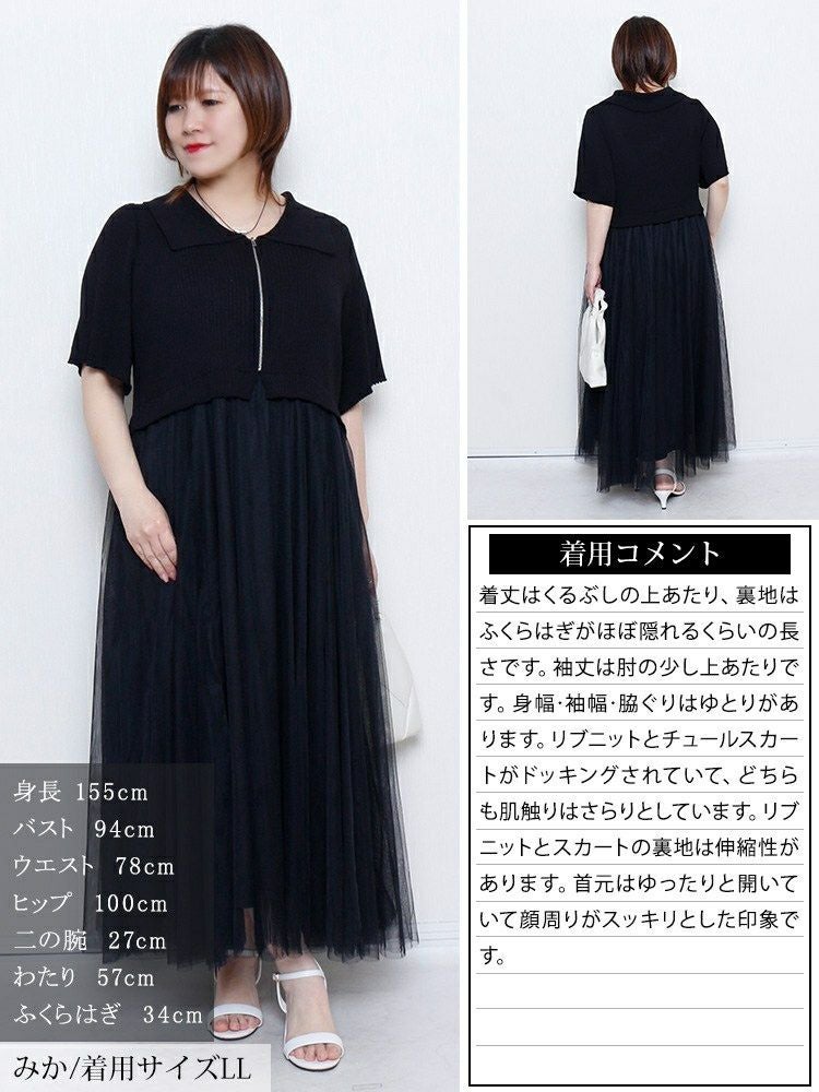 大きいサイズ レディース リブニットドッキングチュールワンピース　sum-0001