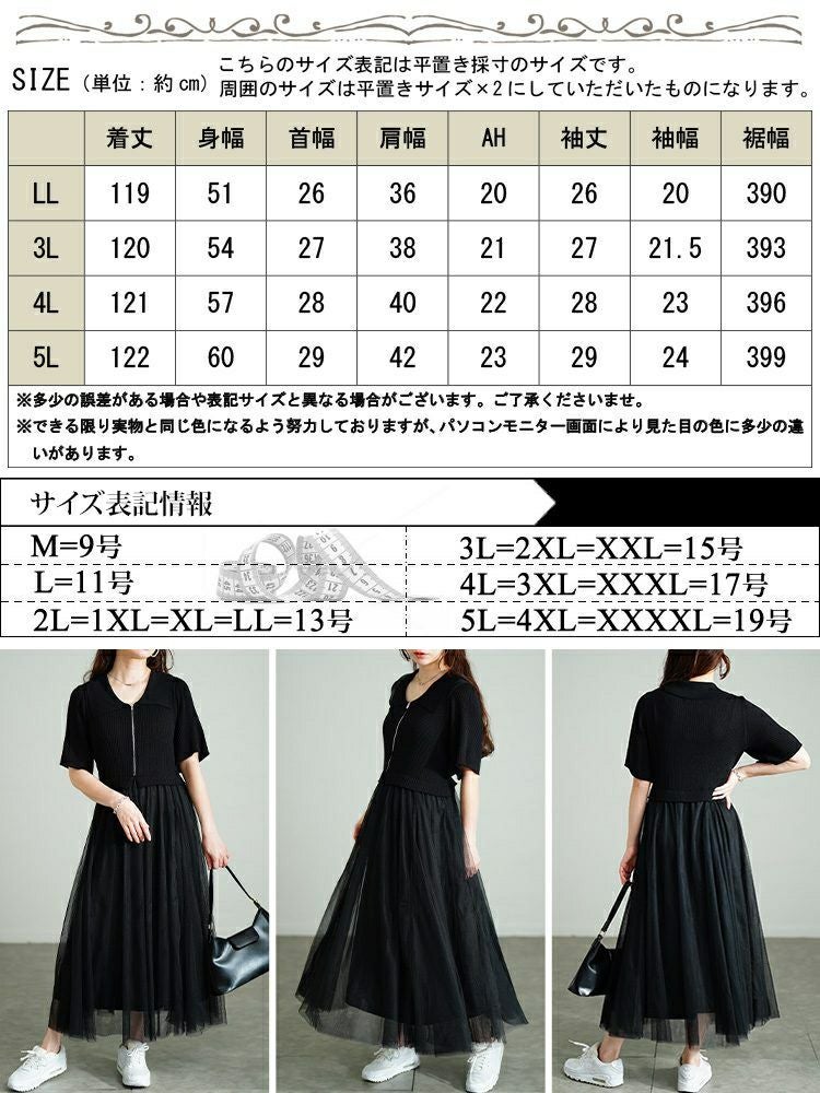 大きいサイズ レディース リブニットドッキングチュールワンピース　sum-0001